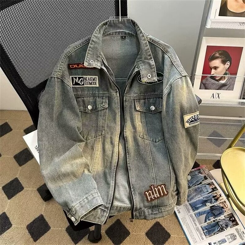美式水洗牛仔外套男春秋新款宽松休闲青少年立领机车服GG8897P67,男装工装外套,星座1013-5