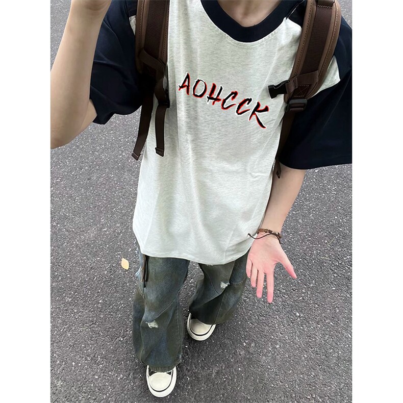 抖音得物高品质二开240克宽松纯棉美式潮牌插肩袖拼接短袖T恤图片