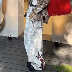 大码美式vibe扎染复古牛仔裤女2025年秋季新款高街宽松坠感拖地裤，男装牛仔裤，星座506A