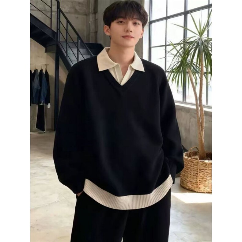 黑色假两件翻领毛衣加厚韩系慵懒风美式打底polo领针织衫JL02P65，男装T恤，电商D256