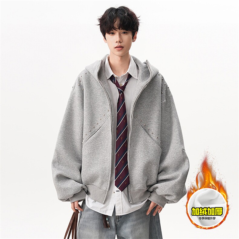 480G重磅加绒硬挺boxy男女秋冬美式高街卫衣铆钉拼接开衫厚外套，女装短外套，电商A486