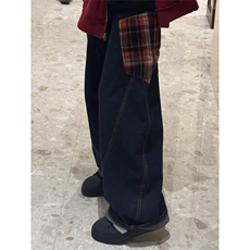 XK3155LL-特P58复古格子拼接牛仔裤高街弯刀直筒裤拖地阔腿裤子，男装牛仔裤，星座1007（原301D）