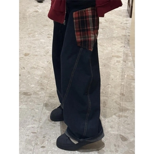 XK3155LL-特P58 复古格子拼接牛仔裤高街弯刀直筒裤拖地阔腿裤子图片