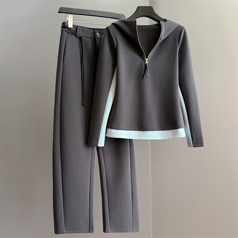 休闲运动套装女秋季新款撞色拼接连帽半拉链长袖卫衣直筒裤两件套，女装套装/套裙，江南