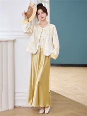 新中式G风套装女2026春新款优雅时尚复古盘扣刺绣文艺范两件套裙，女装套装/套裙，时尚俏佳人