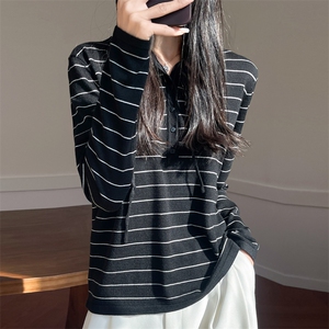 韩系条纹连帽针织打底衫女2025春秋薄款精纺羊毛长袖内搭外穿毛衫,搭配红格子的外套好看图片