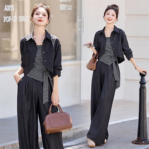 2025年秋季新款格子吊带牛仔外套套装女慵懒休闲裤三件套图片