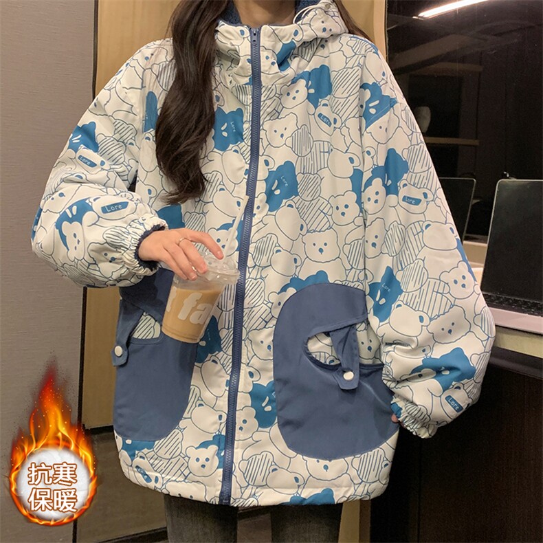 C492-P120可爱熊两面穿加绒加厚羊羔毛冬装2025新款初高中生棉服图片