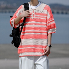 8XL-M特大码美式复古条纹撞色针织POLO衫翻领休闲短袖TDX311P35，男装T恤，电商D206-1