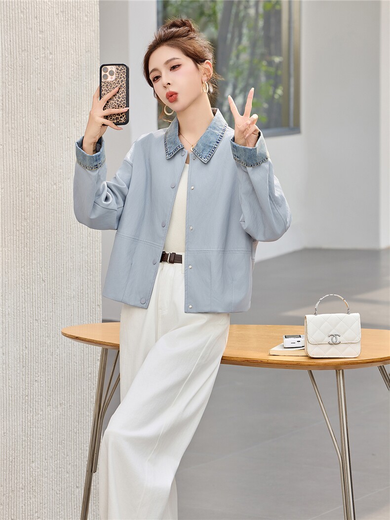 现货外套女2026新款春拼接牛仔简约翻领软皮衣夹克上衣女装PU,女装皮衣,依万里