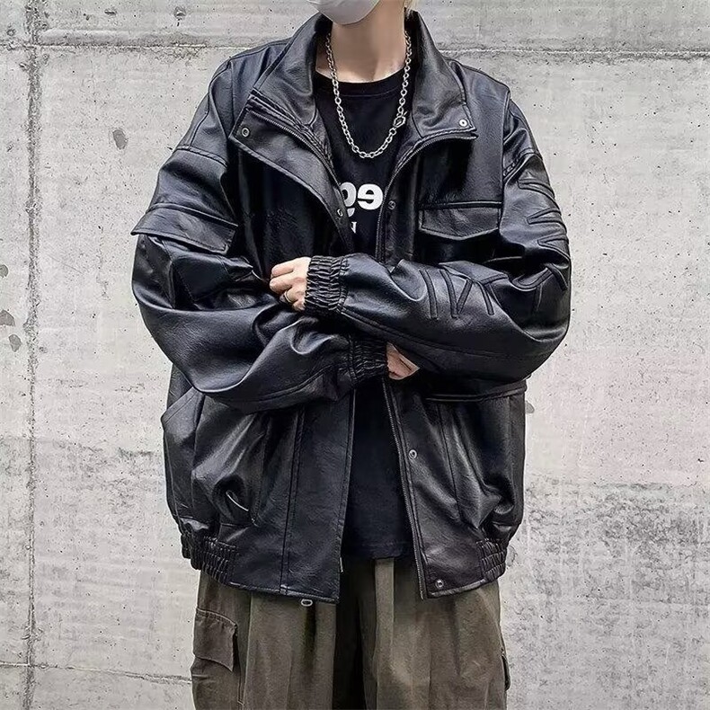 街头百搭质感黑色机车皮衣男士春秋季防风短款廓形外套HH020P80，男装皮衣，星座1013-5