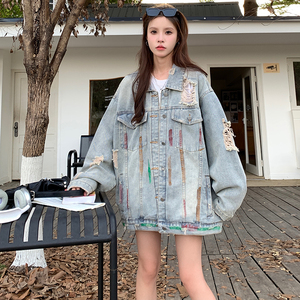 A170-P85 牛仔外套春秋新款原宿港风宽松破洞夹克小众男女上衣图片