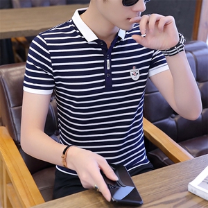 款8029男士短袖T恤潮牌男装条纹翻领polo衫修身潮流半袖图片