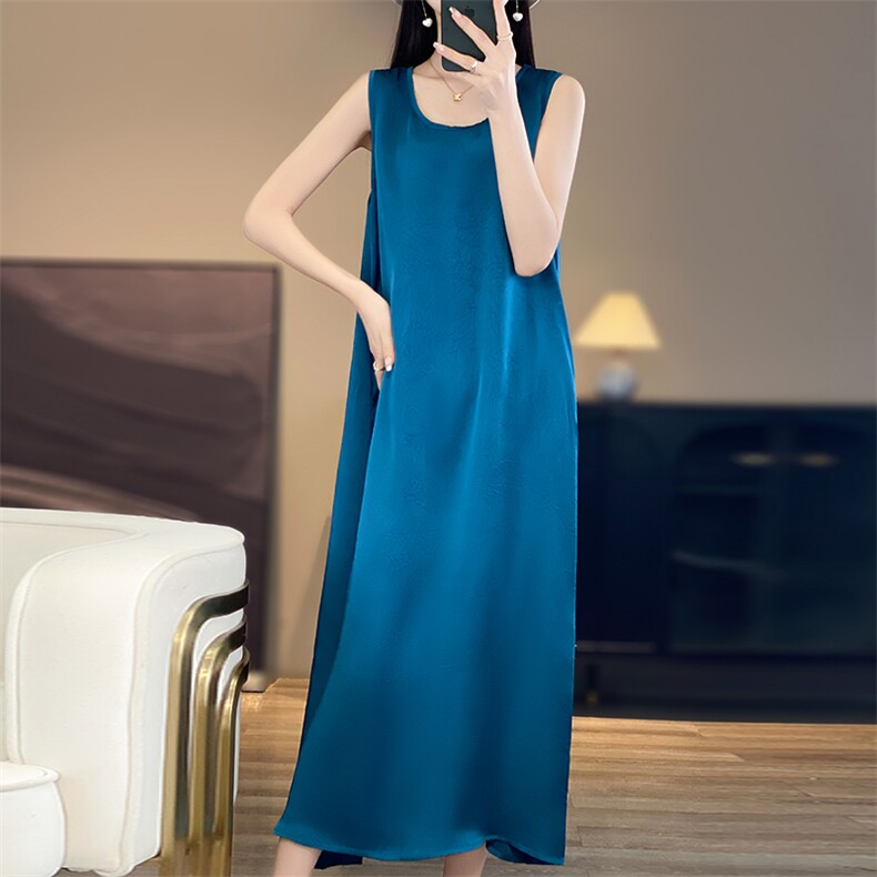 连衣裙女夏季2025新款宽松大码仿桑蚕丝无袖中长款背心吊带裙子,女装连衣裙,佳绒高端店