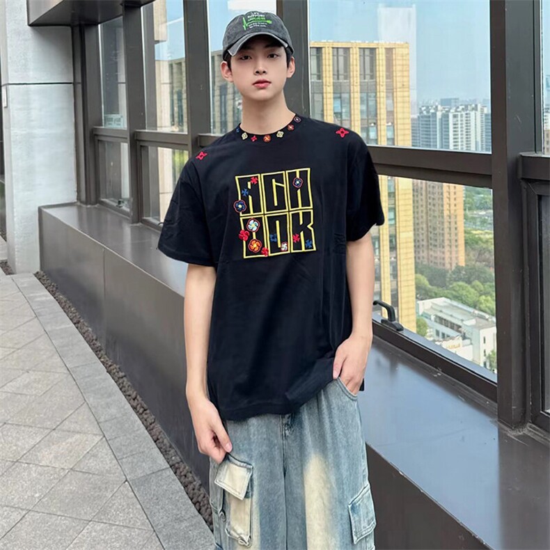 万针全刺绣工艺抖音得物高品质260克重磅纯棉双纱美式高街短袖T恤,男装T恤,电商A486