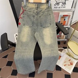 美式复古高街宽松水洗牛仔裤男秋冬刺绣微喇直筒裤潮N501-P48图片