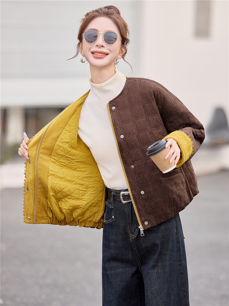休闲短款夹棉外套2025冬新款减龄洋气圆领棉衣棉服女,女装棉衣/棉服,余墨