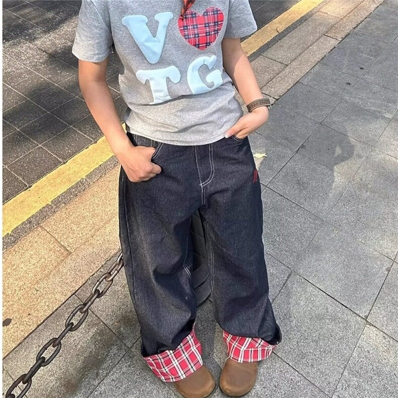 DN0084-特P45美式格子拼接卷边牛仔裤男女阔腿情侣长裤-网图现货,男装牛仔裤,星座603-2