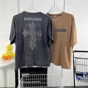 美式做旧暗黑十字架印花短袖T恤男女设计感小众宽松半袖TX313-P35图片