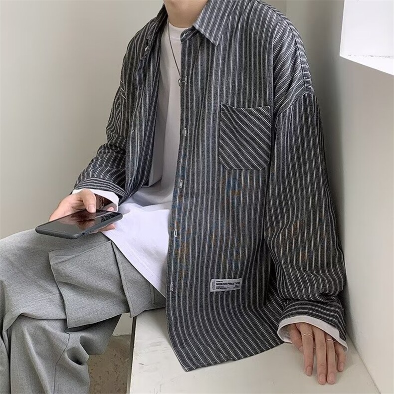 C215-P26条纹长袖衬衫男韩版潮流ins宽松休闲情侣上衣,男装衬衫,电商B323A