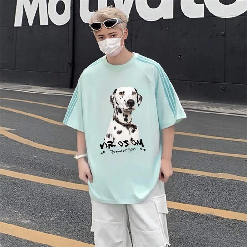 抖音得物品质二开240克宽松纯棉美式潮牌印花三条杠中性风短袖T恤,男装T恤,电商A486-1