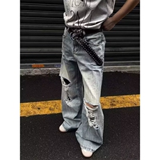 2025夏季新款小众长裤美式复古破洞设计感牛仔裤男女款A1160-P50，男装牛仔裤，星座208-5