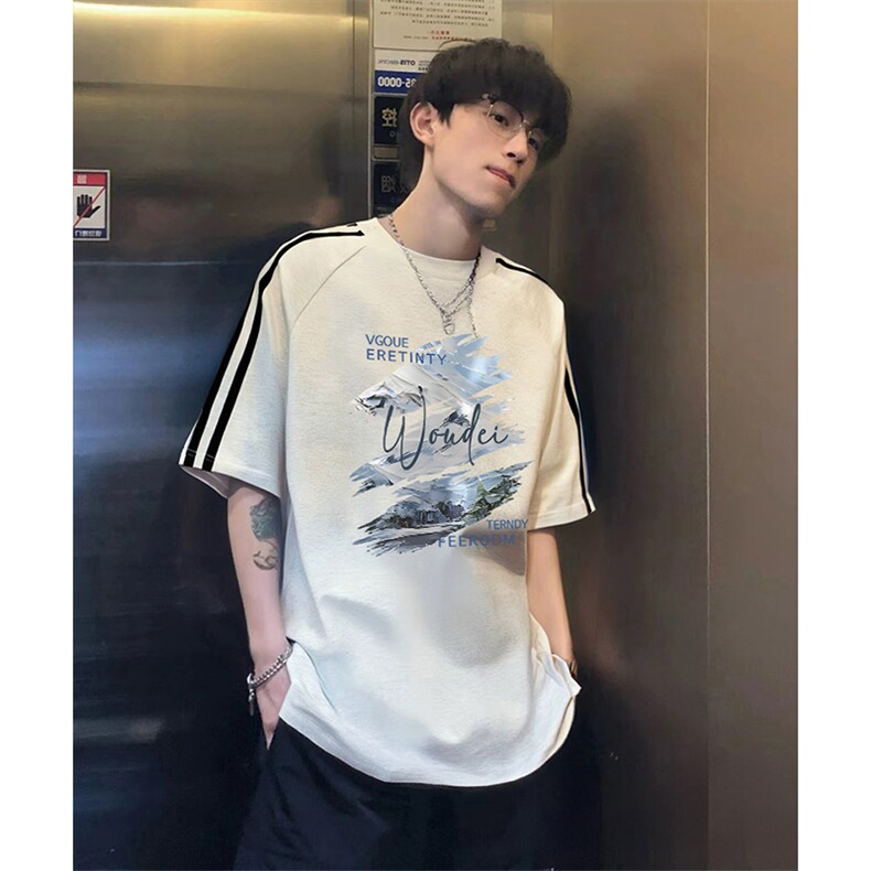 抖音得物高品质二开240克宽松纯棉美式潮牌三条杠织带短袖T恤,男装T恤,电商A486-1