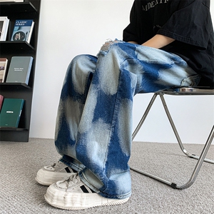 美式高街泼墨扎染破洞牛仔裤男女秋季潮牌直筒宽松阔腿长裤图片
