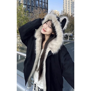 现货重磅硬挺boxy羽绒棉衣座山雕猫耳大毛毛领麂皮棉服冬外套图片