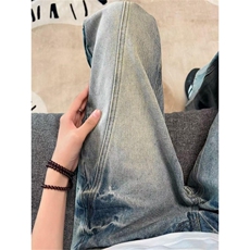 冰蓝色闪电纹牛仔裤男秋冬cleanfit潮牌直筒裤子复古斜切微喇长裤，男装牛仔裤，星座601-1