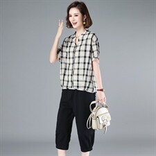 2021年夏季时尚方格V领短袖百搭舒适百搭两件套,女装套装/套裙,丽影随形
