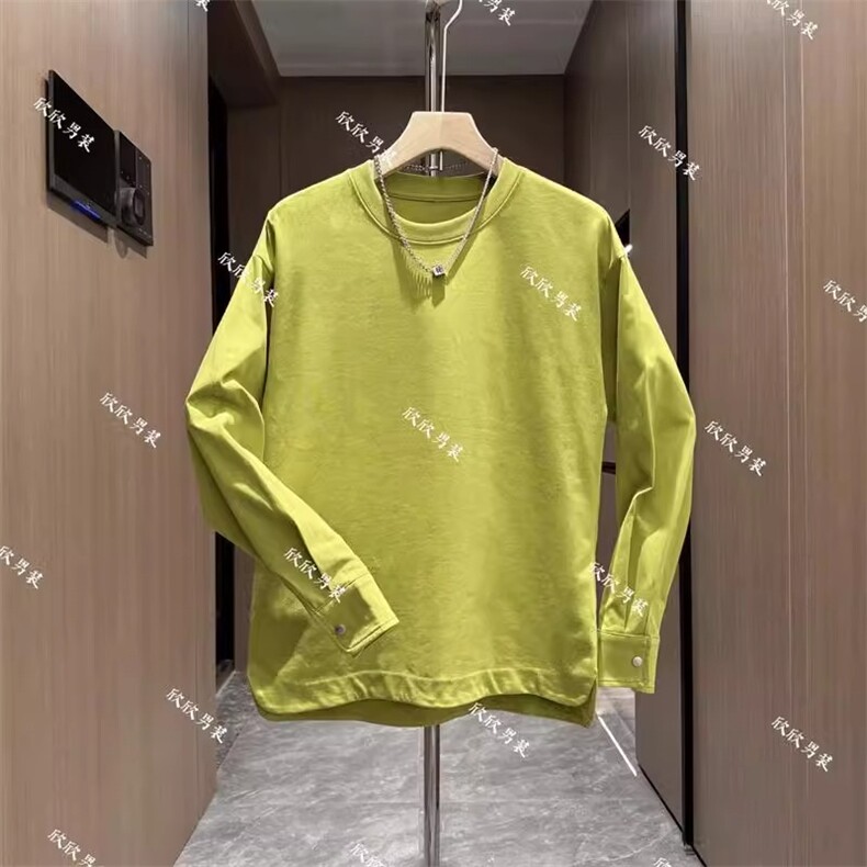 秋季新款纯色长袖T恤男内搭开衩套头纽扣袖口青年百搭圆领打底衫图片