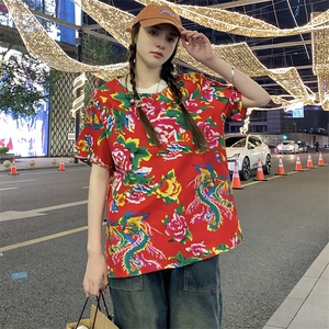 HT203夏情侣东北大花民族风牡丹花圆领短袖T恤青少年大码男女潮图片