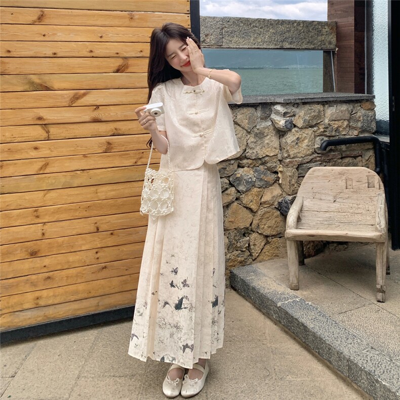 夏季新品！新中式蝴蝶印花纹理盘扣马面裙套装B208-9060-P155K218,女装套装/套裙,浙宝208
