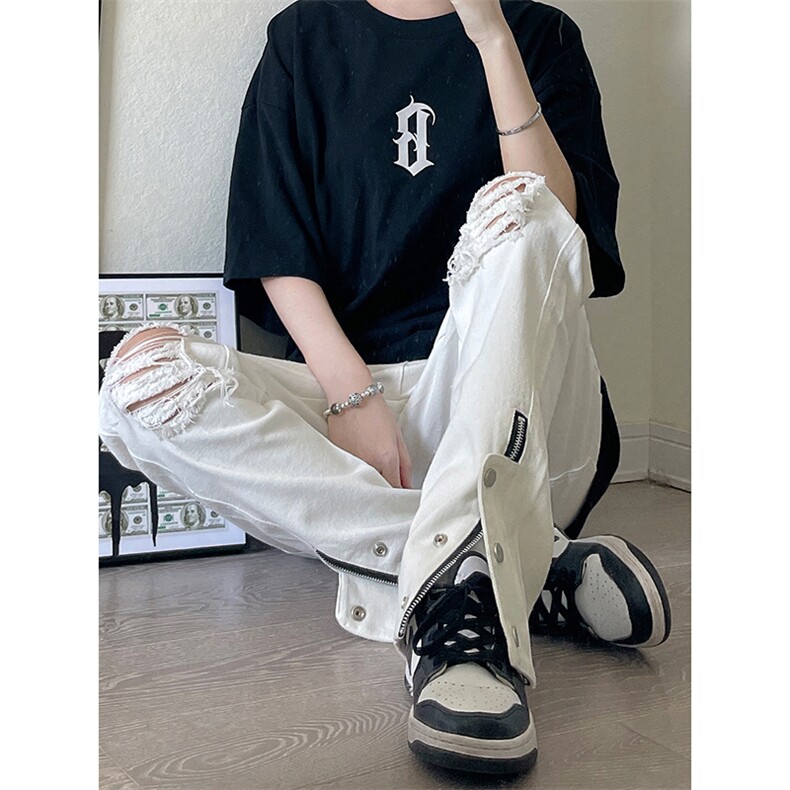 美式高街ins小众拉链hiphop排扣破洞休闲牛仔裤货号K642P60控78图片