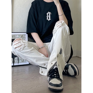 美式高街ins小众拉链hiphop排扣破洞休闲牛仔裤货号K642P60控78图片