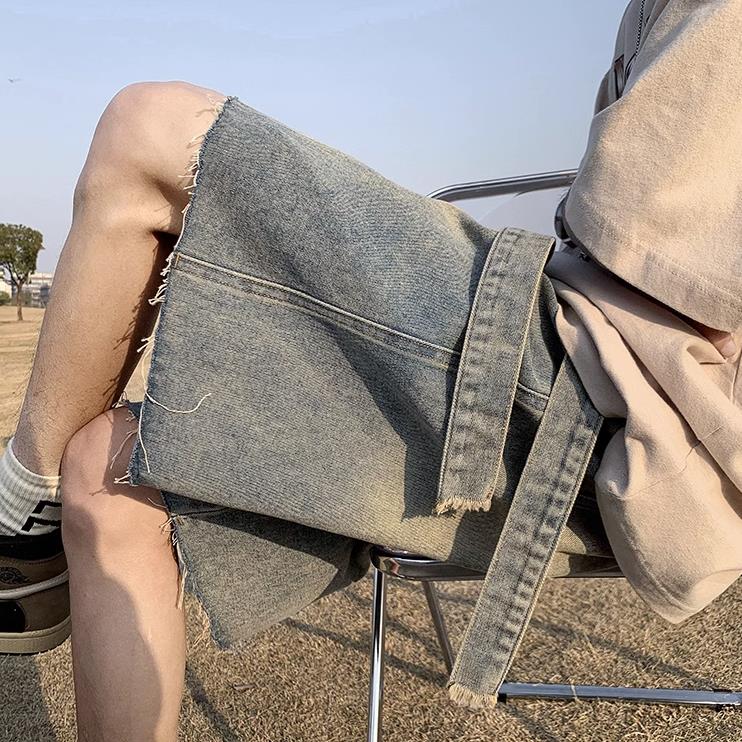 做旧水洗毛边牛仔短裤男夏季美式复古炸街痞帅高街宽松阔腿五分裤,男装牛仔裤,星座506A