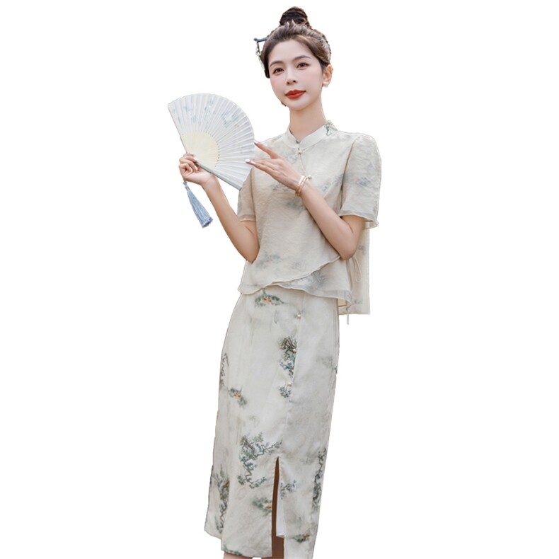 新中式改良旗袍2026年夏季新款气质长裙高级感半身裙两件套女,女装套装/套裙,霓裳依族