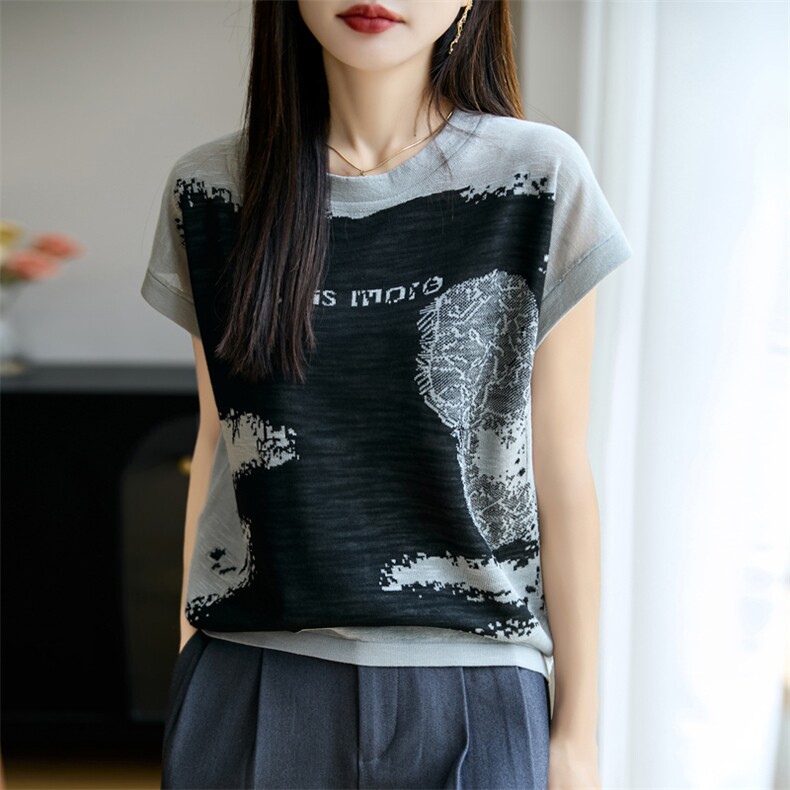 夏季新款14针竹节麻字母拼色短袖女修身显瘦百搭时尚休闲上衣,女装T恤,贵皇网供仓