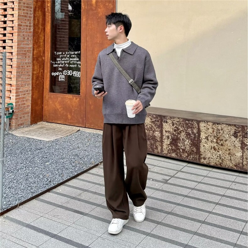 美式复古咖色小西裤男宽松直筒休闲长裤痞帅阔腿垂坠感西装裤,男装西服套装,星座506A