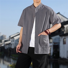 2026夏季新款风盘扣纯色休闲宽松大码苎麻T恤CS2606，男装T恤，电商A008