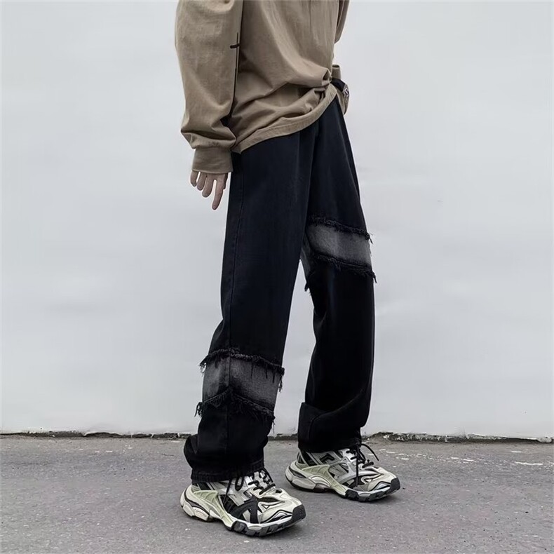 美式拼接直筒裤设计感小众hiphop牛仔裤痞帅炸街阔腿裤男8150-p45,男装牛仔裤,星座1008