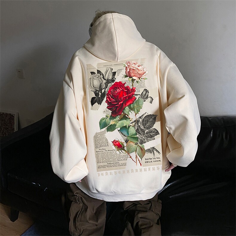纯棉连帽卫衣宽松套头美式外套玫瑰印花帽衫JK23390特35-控58图片