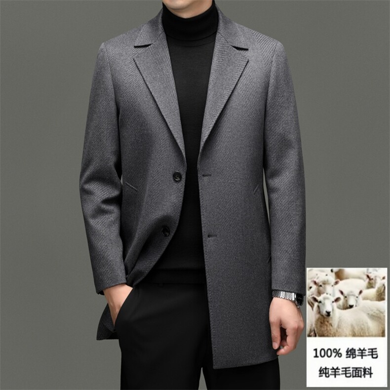 高端中年绵羊毛西服领大衣秋冬中青年绵羊毛双面呢中长款外套图片
