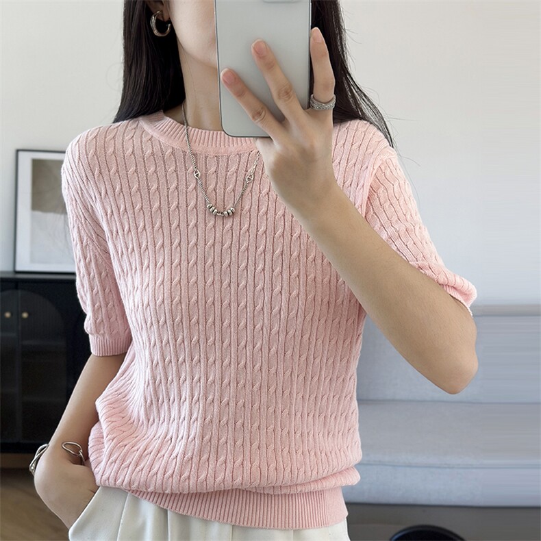 纯棉夏季新款圆领麻花短袖女时尚百搭上衣显瘦针织打底衫,针织衫/毛衣,洁纯羊绒