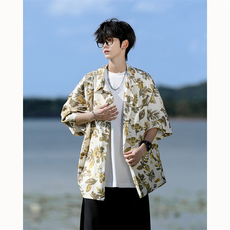 满印碎花衬衫短袖大码复古花卉衬衫夏威夷冰丝沙滩衬衣DC5016/P35,男装衬衫,电商B238