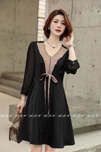 飘带拼接醋酸料连衣裙，女装连衣裙，莲佳妮