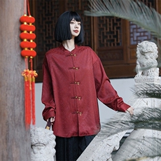 中性风海水江崖（竹福）系列铜竹叶铜扣盘扣立领宽松长袖衬衫，男装衬衫，星座305A（原312A-1）
