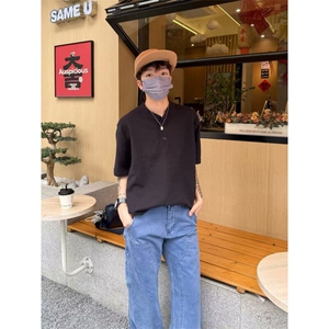 2025时尚亨利领简约基础短袖上衣男女宽松百搭休闲高级感半袖t恤图片