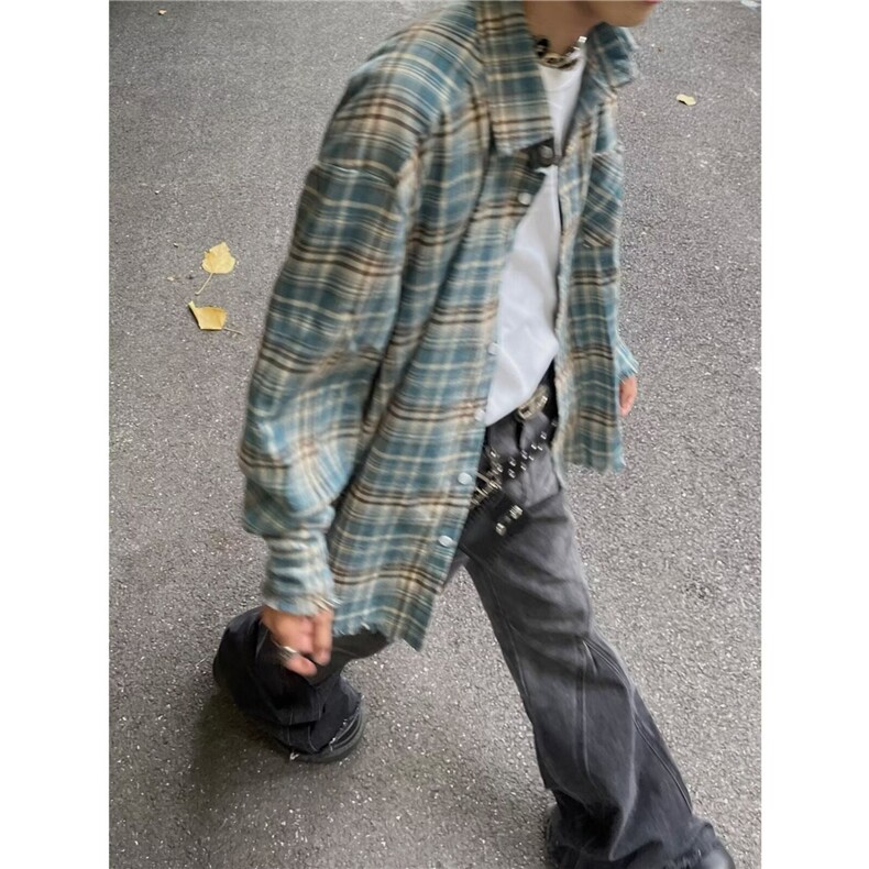 衬衫男美式复古格纹长袖衬衣高级感痞帅休闲外套A2250-P35,男装衬衫,星座208-5